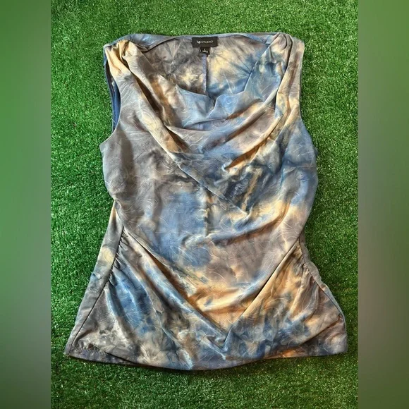 AB Studio Y2K Gray and Blue Ruched Sleeveless Embroidered Cowl Neck Tank Top - Picture 1 of 7